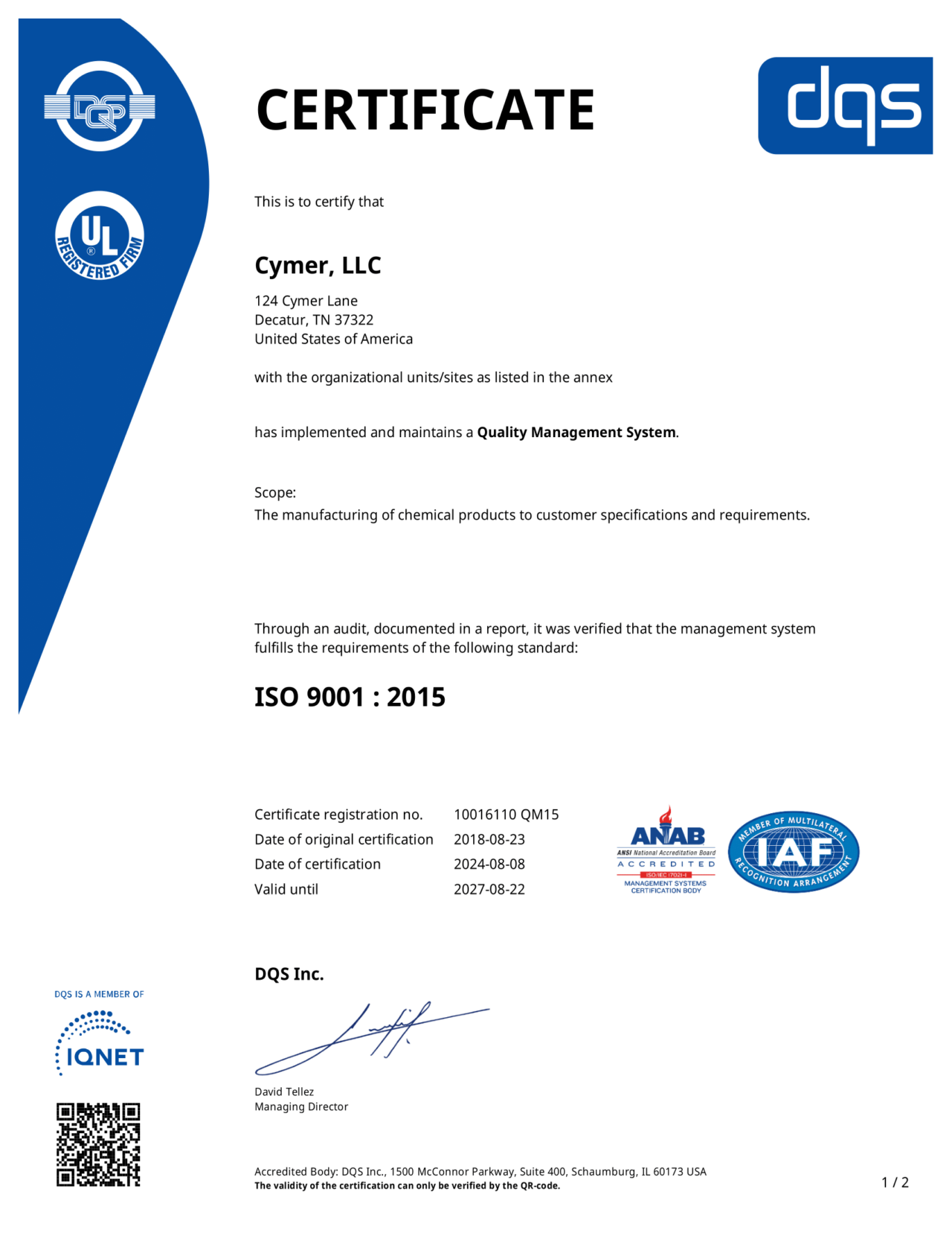 Cymer_Chemicals Quality_Cert_ISO:9001_2024